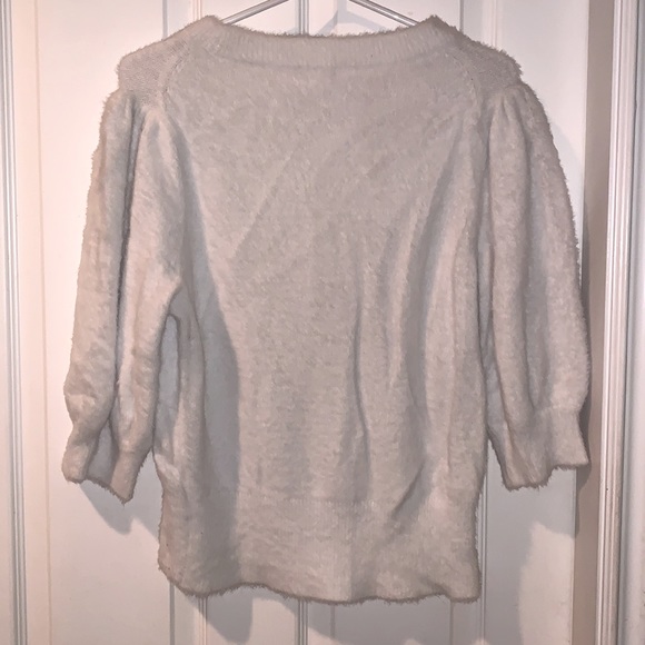 White fluffy faux fur soft angora sweater puff sleeves bell sleeves ribbed waist - Picture 3 of 3